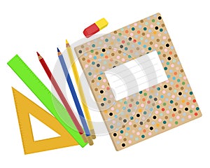 Stationery for school notebooks pencils pens rulers eraser vector illustration